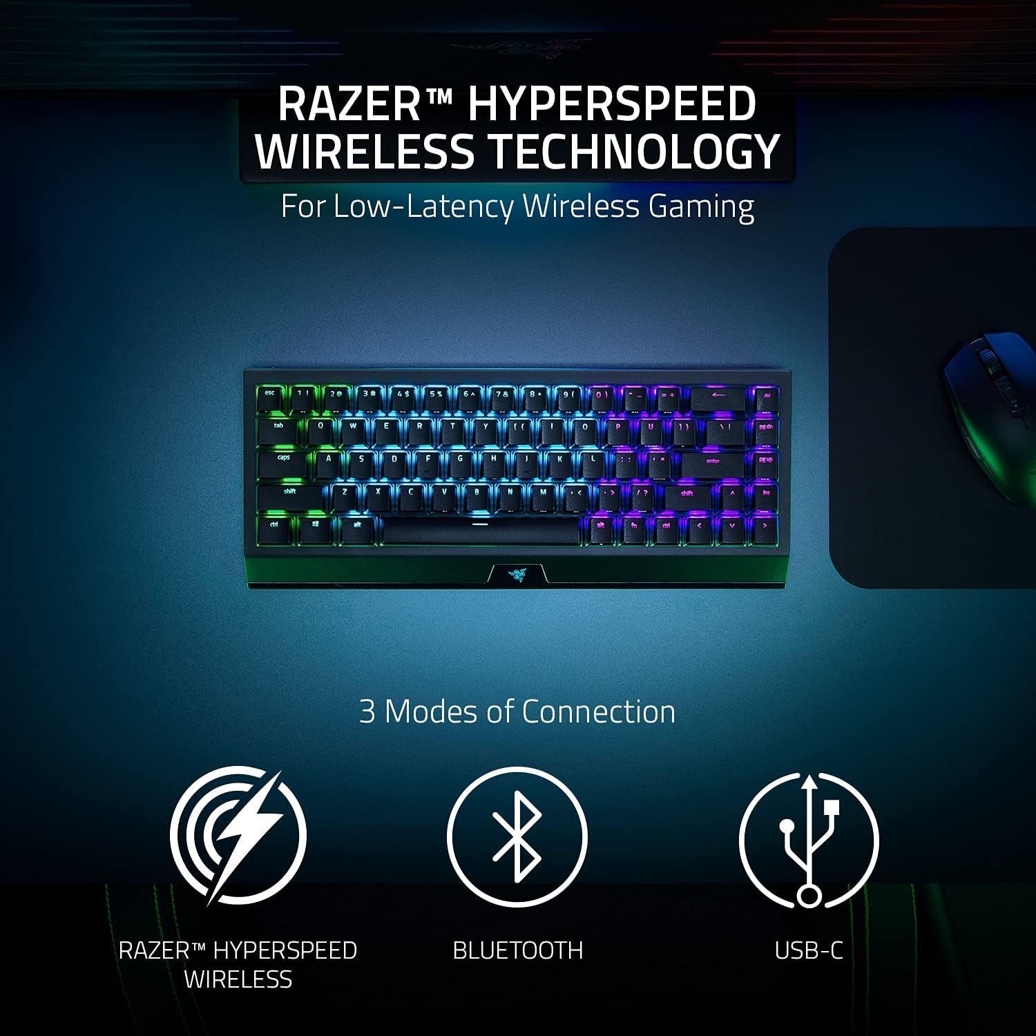 Razer Blackwidow V3 Mini Hyperspeed 65% Wireless Mechanical Gaming Keyboard: Yellow Mechanical Switches Linear & Silent - Phantom Pudding Keycaps - Chroma RGB - up to 200 Hr Battery - Snap Tap