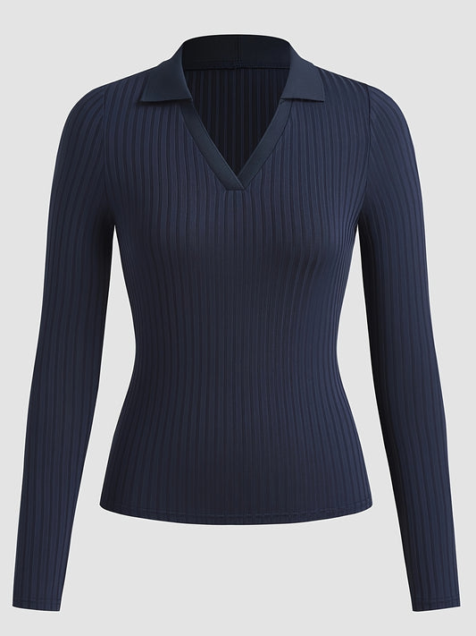 Elegant Navy Blue Ribbed Long Sleeve Top for Women - Chic V-Neck with Collar, Stretchy Polyester Blend, Machine Washable - Perfect for Spring & Autumn - ayq