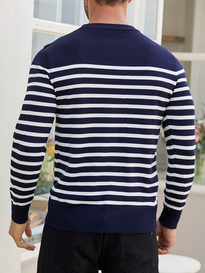 Գարնանային և աշնանային ամենօրյա երկգույն գծավոր տղամարդու սվիտեր-պուլովեր՝ գունավոր բլոկներով, կլոր վզնոցով, տղամարդու տրիկոտաժե վերնաշապիկ