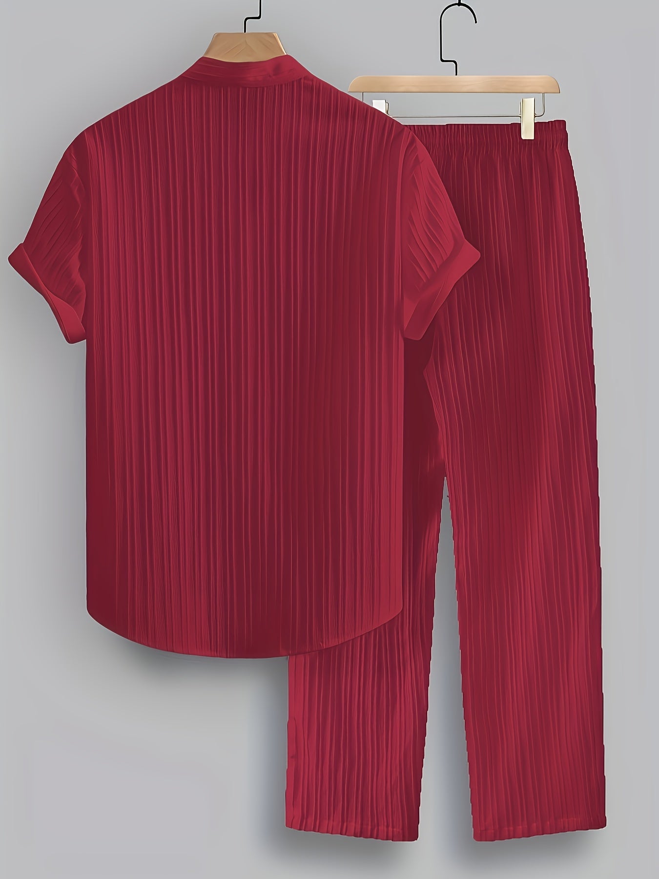 2-Piece Men's Summer Striped Polyester Suit, Short Sleeve Stand Collar Shirt and Drawstring Pants, Non-Stretch Fabric, Suitable for Casual Wear and Beach Vacation, Solid Color