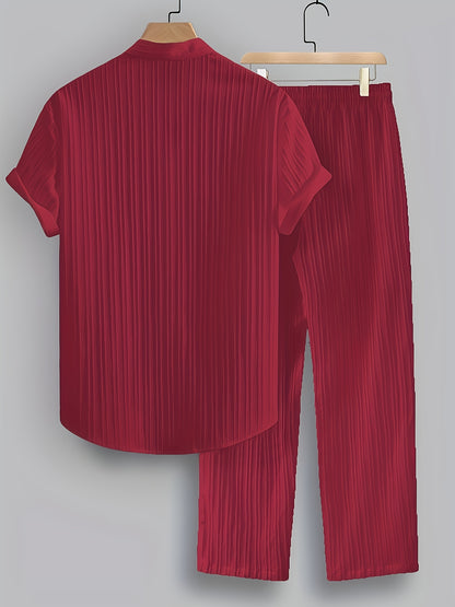 2-Piece Men's Summer Striped Polyester Suit, Short Sleeve Stand Collar Shirt and Drawstring Pants, Non-Stretch Fabric, Suitable for Casual Wear and Beach Vacation, Solid Color