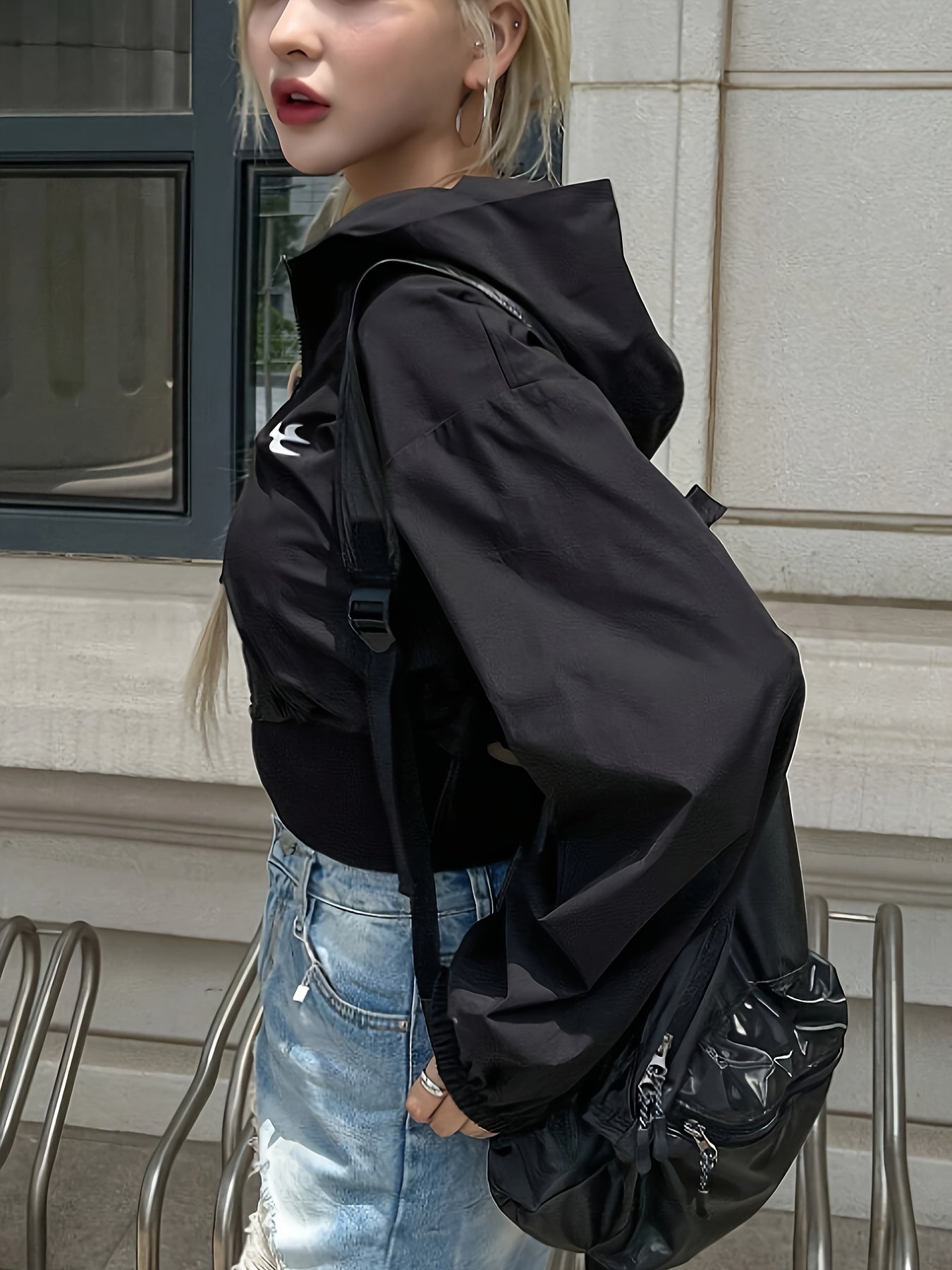 Chic Hooded Jacket for Women - Solid Color, Zip-Up, Polyester, Machine Washable - Perfect for Spring/Fall - ayq