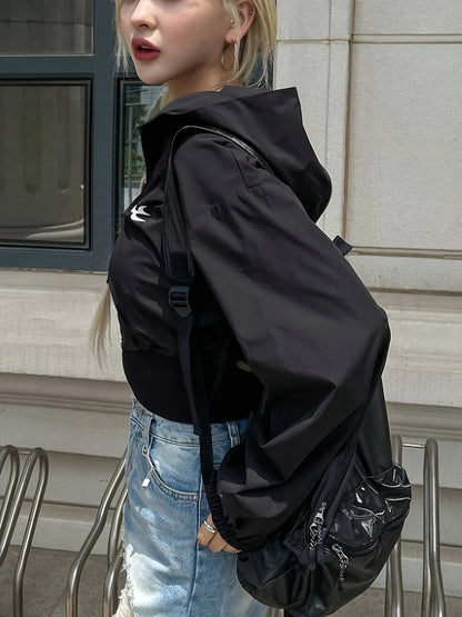 Chic Hooded Jacket for Women - Solid Color, Zip-Up, Polyester, Machine Washable - Perfect for Spring/Fall - ayq