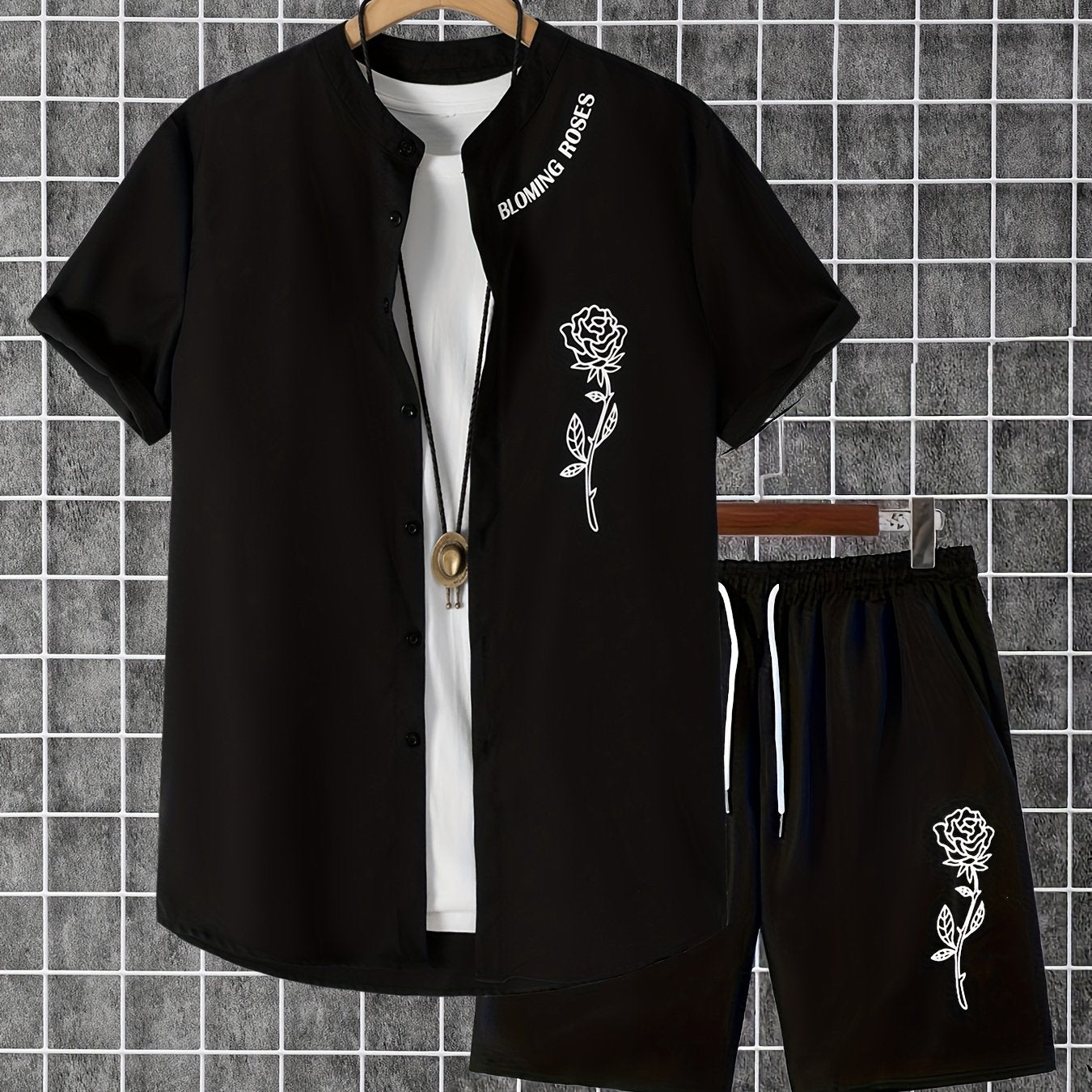 2 հատ տպագիր տղամարդու ամառային կարճ թևքերով կոճակներով վերնաշապիկի և շորտերի հավաքածու