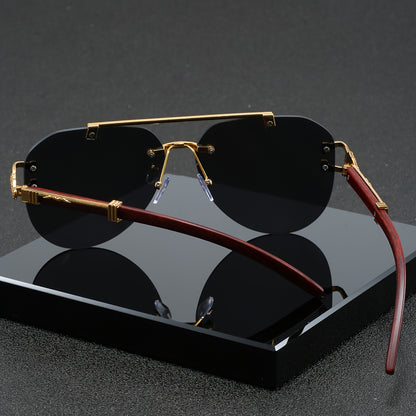 Տղամարդու ոսկեգույն, կրկնակի կամրջակազարդ, առանց շրջանակի օվալաձև ակնոցներ՝ ընձառյուծի զարդարանքով և արհեստական ​​փայտի հյուսվածքով, ոճային ունիսեքս ակնոցներ։