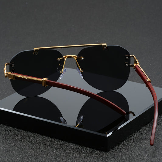 Տղամարդու ոսկեգույն, կրկնակի կամրջակազարդ, առանց շրջանակի օվալաձև ակնոցներ՝ ընձառյուծի զարդարանքով և արհեստական ​​փայտի հյուսվածքով, ոճային ունիսեքս ակնոցներ։