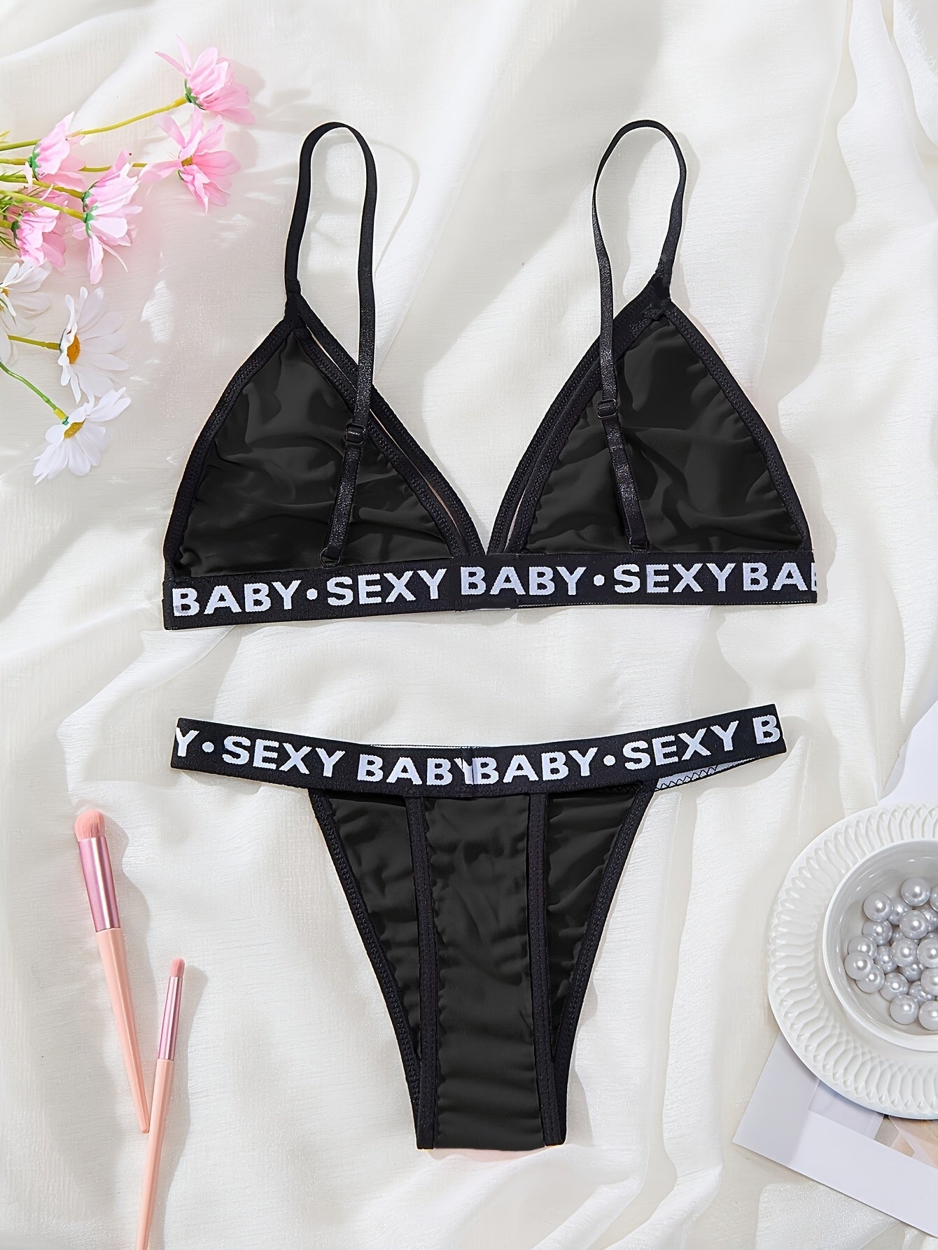 Women's Sexy Backless Lingerie Set, High-Waisted Panties with Alphabet Print, Deep V Strappy Bra, Knit Fabric Underwear for Adults - Ayq