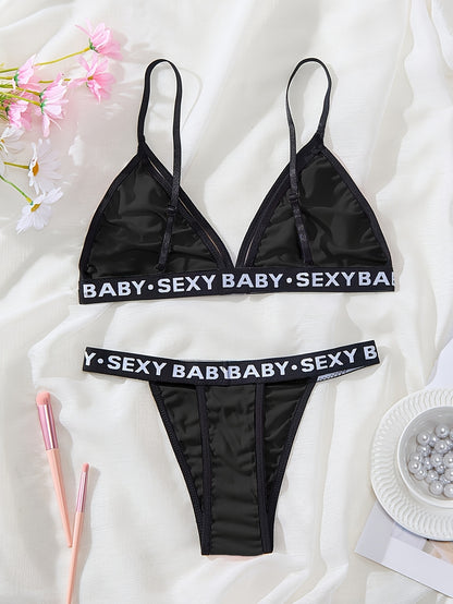 Women's Sexy Backless Lingerie Set, High-Waisted Panties with Alphabet Print, Deep V Strappy Bra, Knit Fabric Underwear for Adults - Ayq