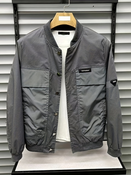 Men's Casual Sports Windbreaker Jacket, Outdoor Solid Color Design, Spring/Fall Fashionable Versatile Baseball Collar Jacket With Pockets - ayq