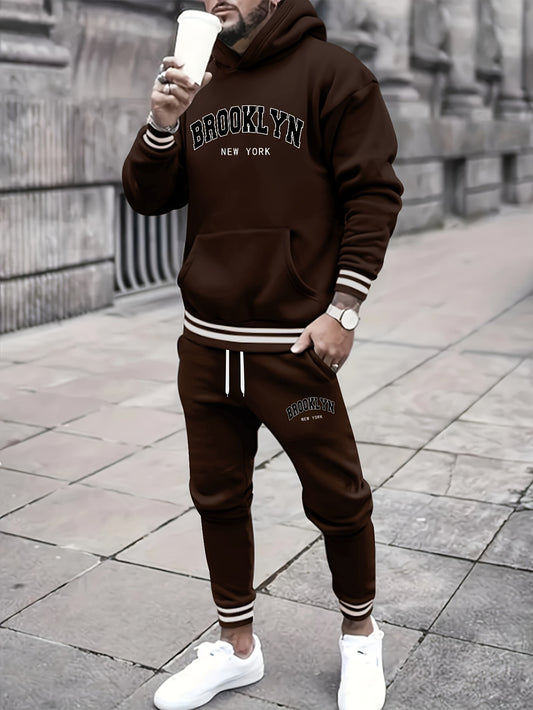 2pcs Men's Trendy BROOKLYN Letter Print Hooded Outfit, Hoodie & Pants Set, Men's Clothes For Spring Fall Winter, As Gift - ayq