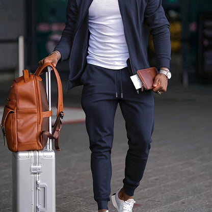 Տղամարդու առօրյա նորաձև կոստյումի հավաքածու՝ պոլիեսթերից, կանգնած օձիքով, կայծակաճարմանդով բաճկոն և լարով տաբատ՝ գարնանային/աշնանային համար