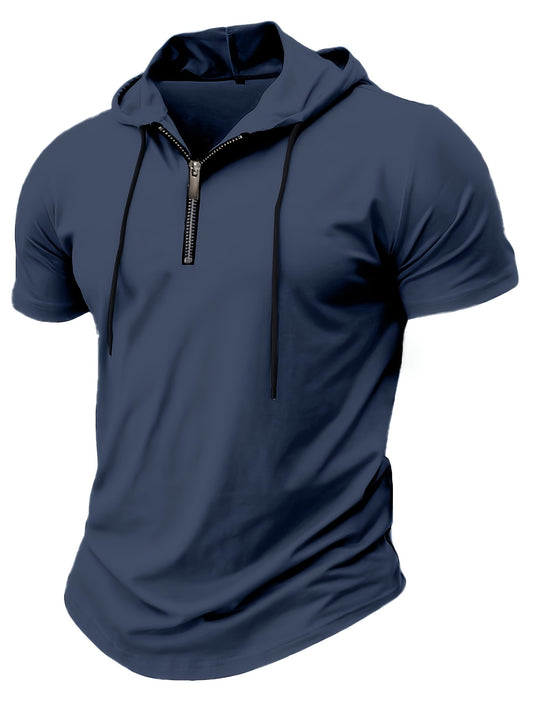 1pc Men's Light Blue Casual Hooded Short Sleeve T-Shirt with 1/4 Zipper, Breathable Stretch Fabric for Gym, Outdoor  Summer Wear, Gym Apparel, Stylish Contrast Detailing, Comfortable Fit