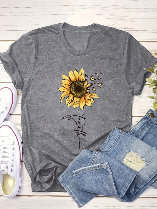 Sunflower Print Short Sleeve T-shirt, Casual Crew Neck Top For Spring & Summer, Women's Clothing