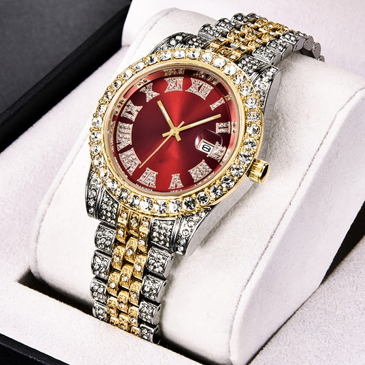 A07649 Vintage Rhinestone-Encrusted Roman Numeral Dial Quartz Watch with Maroon Face & -Accented Stainless Steel/Zinc Alloy Band - Unisex Analog Watch for Women & Men, Casual & Formal Occasions, Vintage Watch, Formal Timepiec