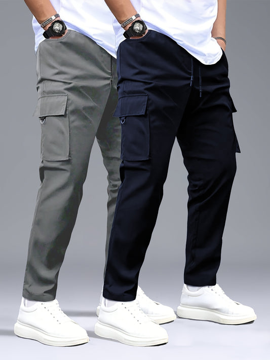 2pcs Men's Cargo Pants, Black & Gray with Drawstring Waist and Multiple Pockets, Durable Polyester, Ideal for Outdoor Activities and Casual Wear, Casual Wear Pants | Multiple Pocket Design | Durable Fabric Pants