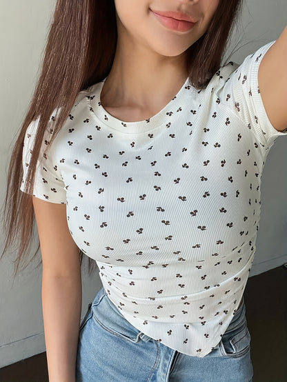 Women's Fruit and Vegetable Print Short Sleeve T-Shirt, Round Neck, Polyester Spandex Blend, Machine Washable - All Seasons - ayq