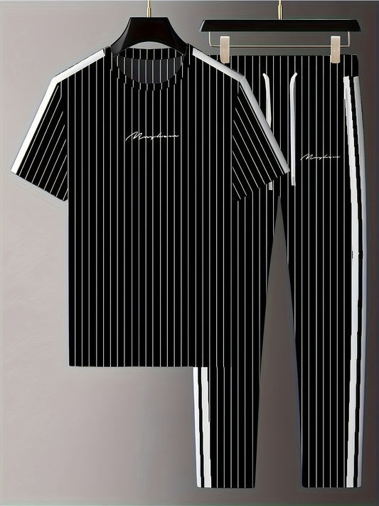 Ամառային տղամարդու գծավոր ուղղահայաց շերտավոր 3D տպագրությամբ սպորտային կարճ թևքերով կոստյում, ֆիթնես սպորտային շորտեր, տղամարդու հավաքածու, բացօթյա սպորտային հագուստի համար, գրպանային վերնաշապիկով, երկու մասից բաղկացած հավաքածու