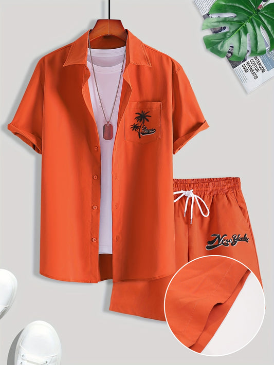 Տղամարդու ոճային ամառային լողափնյա հագուստի 2 մասից բաղկացած հավաքածու, տառերով տպագրված տղամարդու կարճ թևքերով վերնաշապիկ՝ կրծքավանդակի գրպաններով և լարերով, Co Order Se