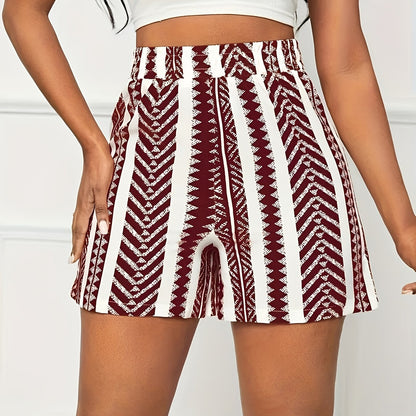 Կանացի ամառային գծավոր պրինտ շորտեր - արձակուրդային էլաստիկ գոտկատեղ, թեթև պոլիեսթեր խառնուրդ, լվացվող մեքենայով, շագանակագույն և սպիտակ, հանգստյան նորաձևություն|գծավոր ձևանմուշ|թեթև գործվածք