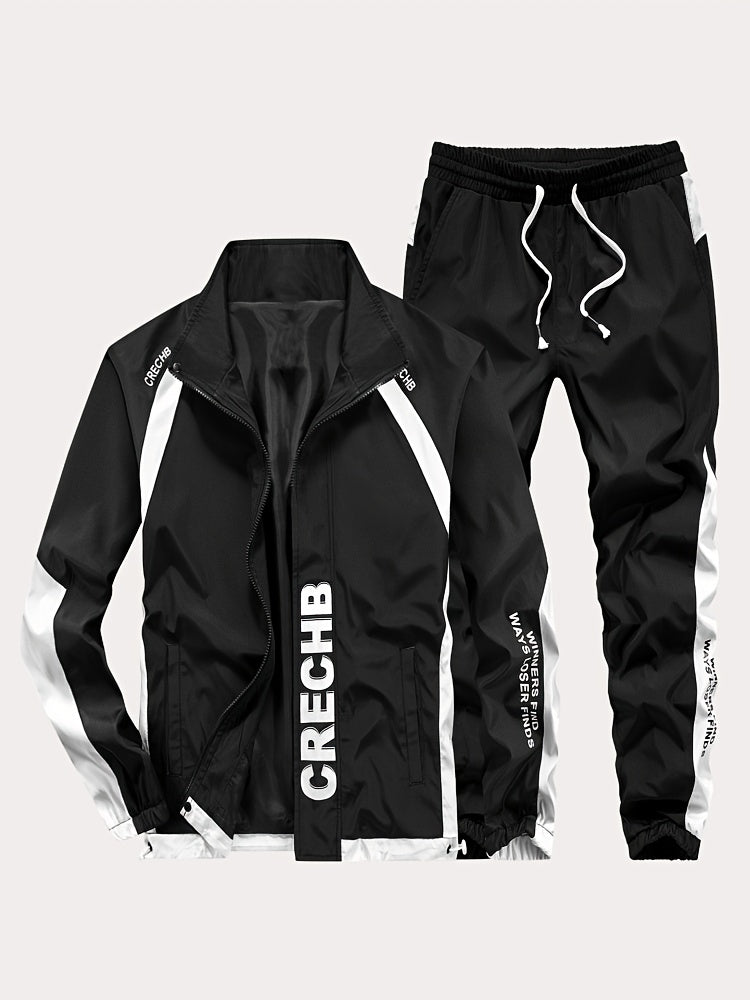 Գարնան և աշնան համար նախատեսված սպորտային հագուստի համալիր, որը ներառում է կանգնած օձիքով և սև ու սպիտակ գծավոր երկար տաբատով ճարմանդով բաճկոն, ոճային հանդերձանք, որը հիանալի նվեր է, քրտինքից պաշտպանված, միայն ձեռքով լվանալ, մարզումների համար աքսեսուար: