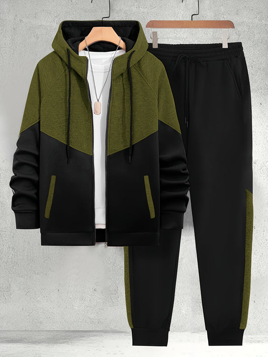 Տղամարդու գունային համադրություն՝ կայծակաճարմանդով և գլխարկով բաճկոնով և տաք սպորտային հագուստով, հարմար է աշնանը և ձմռանը առօրյա, մարզական և բացօթյա գործունեության համար: Կտորը փափուկ է, հարմարավետ, տաք և բարձր առաձգական: