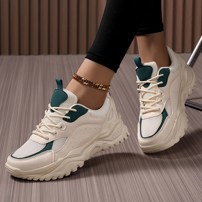 Կանացի թեթև, հաստ սպորտային կոշիկներ՝ բազմակողմանի կորեական ոճի հայրիկի կոշիկներ՝ հաստ ներբանով, շնչող ցանցկեն վերին մասով, առօրյա, կապիչով սպորտային կոշիկներ՝ սպիտակ, կանաչ/սպիտակ և սև/վարդագույն գույներով։