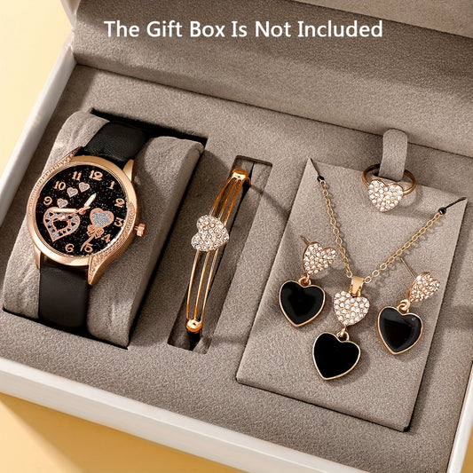 6pcs Women's Fashion Quartz Watch Black PUPU Leather PU Leather Rhinestone Necklace Earrings Ring Bracelet Set opp Bag - Ayq
