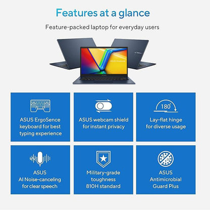 ASUS Vivobook Laptop, 14" FHD Display, I3-1215U, 16GB RAM, 512GB SSD, Wi-Fi 6, HDMI, Webcam, Touchpad, Windows 11 Home, Blue