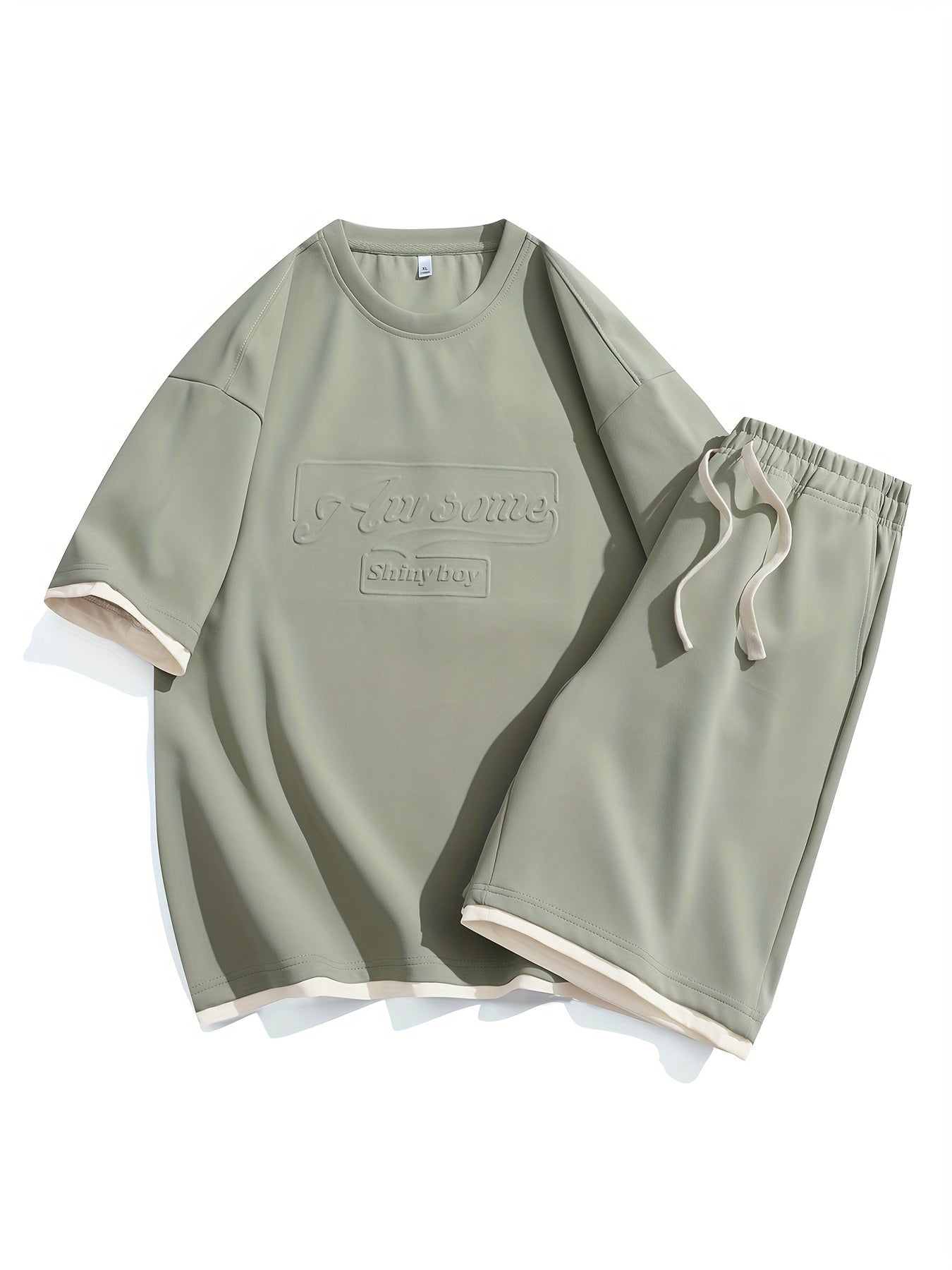 Men's Casual Fashion Sportswear Set - Light Gray "DREAMS" Print T-Shirt & Shorts, 100% Polyester, Machine Washable, Summer Outfit - ayq