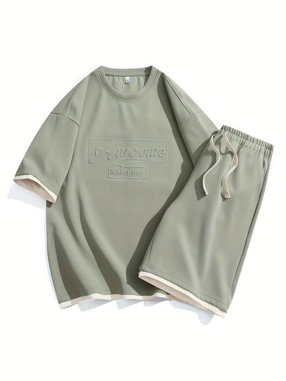 Men's Casual Fashion Sportswear Set - Light Gray "DREAMS" Print T-Shirt & Shorts, 100% Polyester, Machine Washable, Summer Outfit - ayq