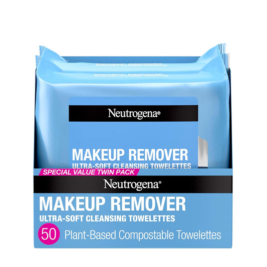 Neutrogena Makeup Remover Wipes, Daily Facial Cleanser Towelettes, Gently Cleanse and Remove Oil & Makeup, Alcohol-Free Makeup Wipes, 2 X 25 Ct
