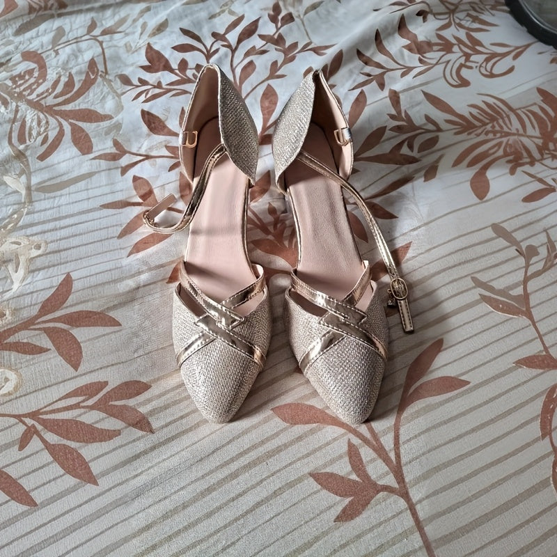 Կանացի էլեգանտ բեժ, սրածայր քթով բարձրակրունկ կոշիկներ՝ հարմարավետ, ոսկեգույն ժապավեններով հարսանեկան և երեկույթային կոշիկներով, շնչող գործվածքից վերնամասով և փափուկ պոլիուրեթանային աստառով՝ գարուն/ամառ, հարսանեկան կոշիկներ, պաշտոնական կոշիկներ,