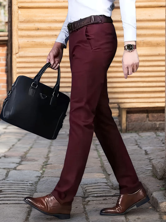 1 Pair Men's Classic Business Trousers - Burgundy Straight-Cut Polyester Dress Pants for Office, Casual Wear & All Seasons - Machine Washable
