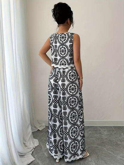 2 հատ կանացի բուսական նախշերով կլոր վզնոցով անթև վերնաշապիկի և տաբատի հավաքածու