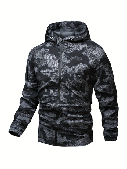 Men'S Lightweight Climbing Hooded Jacket - Quick-Dry Windproof Outdoor Sports Coat with Camouflage Pattern, Spring/Fall Casual & Training Wear, Regular Fit for Hiking, Running, Gym, Hiking Apparel, Durable Fabric