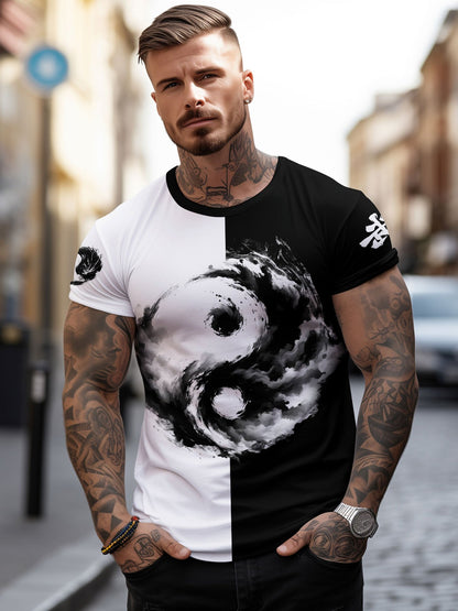 Տղամարդու Յին Յանգ 3D տպագրությամբ մարզաշապիկ՝ առօրյա, կլոր վզնոցով պոլիեսթերային մարզաշապիկ, թեթևակի ձգվող տրիկոտաժե գործվածք, սովորական չափս, 100% պոլիեսթերային մանրաթել, 100 գ/մ²