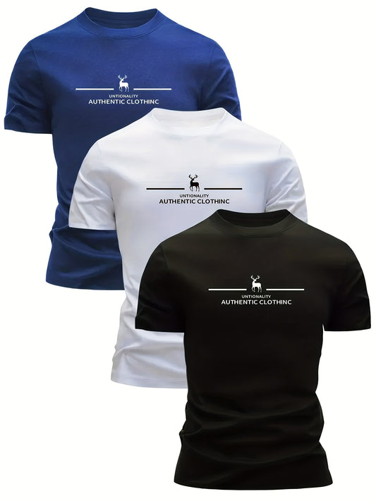 3 հատ խառը նախշերով եղջերուի նախշերով տղամարդու գերթեթև կլոր վզով մարզաշապիկ - արագ չորացող, շնչող, քրտինքը կլանող ամառային կարճ թևքերով մարզաշապիկ տղամարդկանց համար, նվերի գաղափար կլոր վզով նախշով