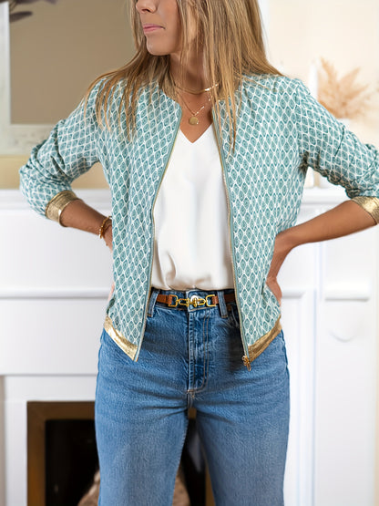 Կանացի էլեգանտ, նորաձև, ոսկեգույն եզրերով, երկար թևքերով, վանդակավոր բեյսբոլի բաճկոն