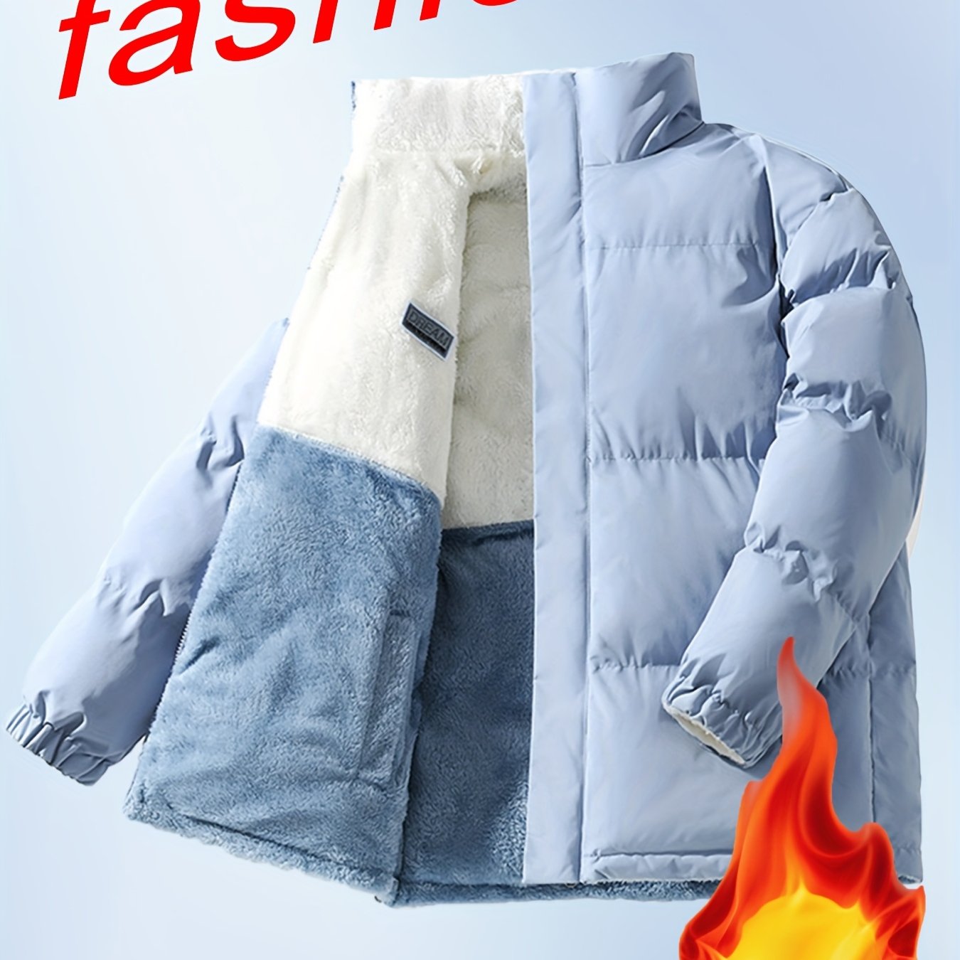 Men'S Double-Sided Fleece-Lined Thickened Jacket - Casual Stand Collar with Letter Print, Regular Fit, Pockets, Polyester Fill, Versatile for Fall/Winter, Winter Jacket