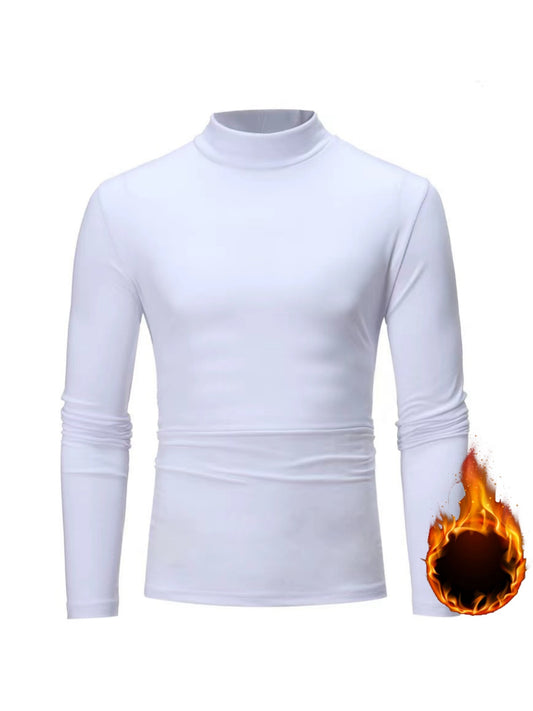 Men's Solid Long Sleeve Turtleneck Stretch T-shirt, Casual Comfy Warm Top For Fall Winter, Men's Clothing - ayq