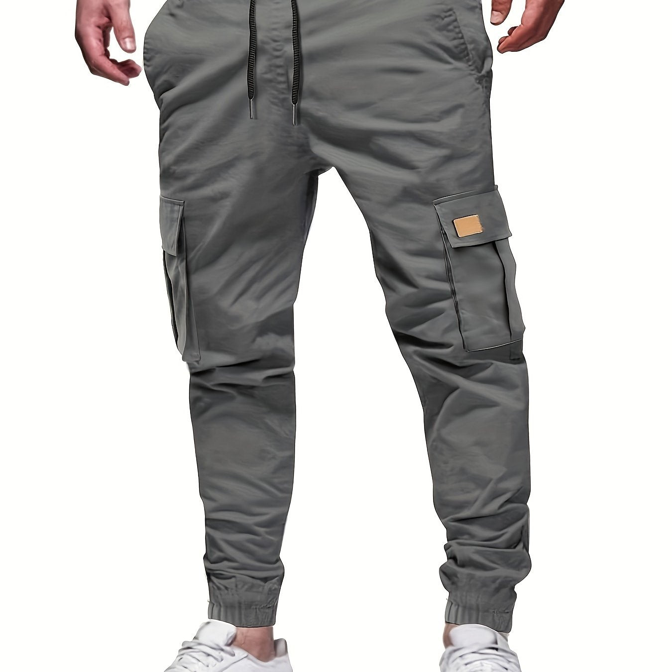 Men'S Fashion Cargo Pants, 100% Polyester Woven Fabric, All-Season Loose Fit with Drawstring Waist, Multi-Pocket Design, Solid Color, Mid Waist, Regular Length, Non-Stretch, Casual Joggers for Weekend - 160g/m²