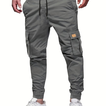 Men'S Fashion Cargo Pants, 100% Polyester Woven Fabric, All-Season Loose Fit with Drawstring Waist, Multi-Pocket Design, Solid Color, Mid Waist, Regular Length, Non-Stretch, Casual Joggers for Weekend - 160g/m²
