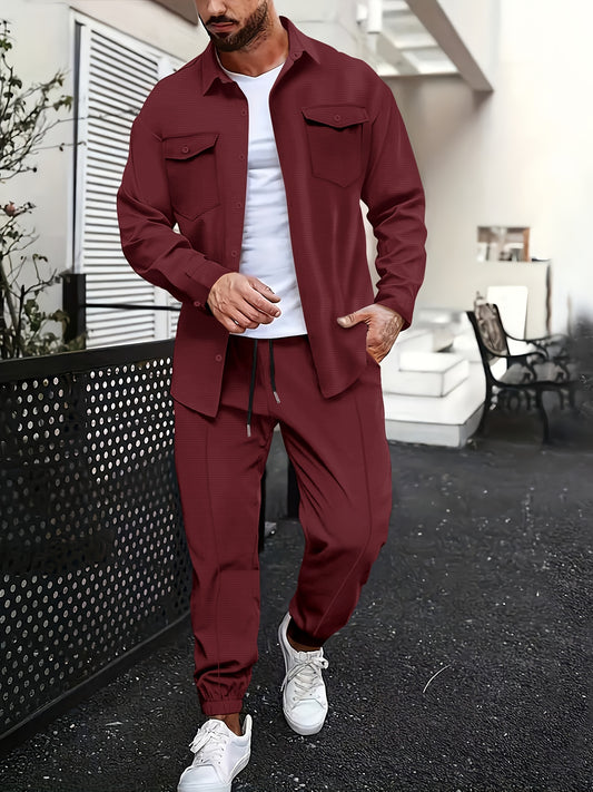 1 Set Men'S Casual Sports Suit, Long Sleeve Solid Color Polyester Shirt with Multiple Pockets & Matching Pants, Breathable Slight Stretch Fabric, Lapel Collar, Regular Fit for Daily & Casual Wear - Spring/Fall Collection - ayq