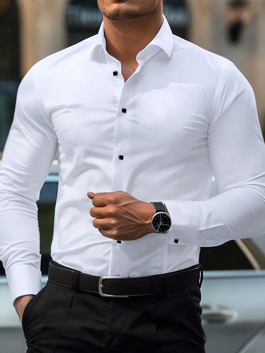 Men'S Elegant Black Long Sleeve Dress Shirt with Geometric Pattern - Polyester, Slim Fit, Button-Up, All-Season Wear, Stylish Lapel Collar, Perfect for Formal and Casual Events, Formal Attire|Slim Fit Shirt|Reflective Details