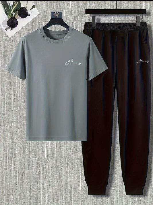 1set Men'S Casual Sports Set, Summer Knit Polyester and Spandex Outfit with Printed Logo, Round Neck, Regular Fit, Breathable Fabric, Lightweight - Polyester 95%, Spandex 5%