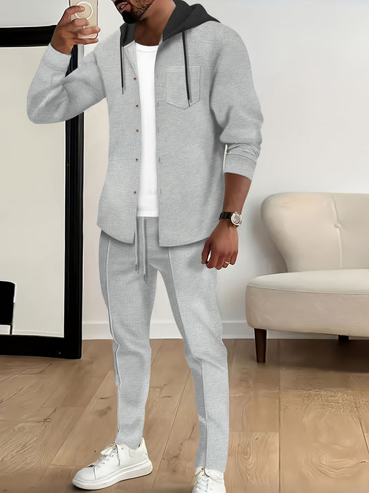 Գարնան և աշնան համար նոր երկար թևքերով, կոճակներով, գլխարկով բաճկոնի և պարանե տաբատի հավաքածու, վաֆլի գույնի դասական տղամարդու սպորտային 2 հատանոց սպորտային համազգեստ - Սպորտային համազգեստ բացօթյա սպորտաձևերի սիրահարների համար, շնչող և հարմարավետ