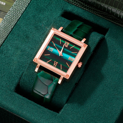 5pcs/Set Casual Simple Pointer Square Dial Women's Watch Set, PU Leather Strap Watch+4pcs Jewelry Set, A Selected Watch Set for Fashionable Ladies, Suitable for All Ladies