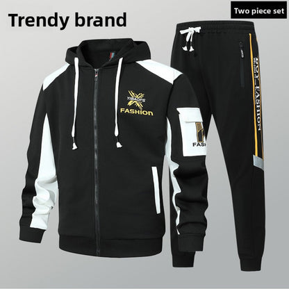 2pcs Men'S Sporty Hoodie Set with Drawstring Hooded Jacket and Cuffed Pants - Black & White Casual Streetwear, All-Season Comfort, Trendy Brand Design, Comfortable Clothing | Trendy Casual Wear | Zippered Hoodie, Sweater Hood
