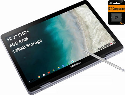 SAMSUNG Chromebook plus V2 360 2-In-1 Laptop W/Dual Webcam (12.2" FHD+ Touchscreen,Intel Celeron 3965Y, 4GB RAM, 128GB (64GB Emmc+64Gb SD Card), Stylus Pen) Home & Education, IST Sdcard, Chrome OS