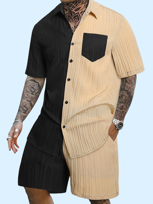 Տղամարդու ամառային առօրյա պոլիեսթերային վերնաշապիկի և շորտերի հավաքածու, սովորական չափսի, գունային բլոկով, օձիքով, թեթևակի ձգվող գործվածքով, թարթիչների հավաքածուներ, ակտիվ հագուստ